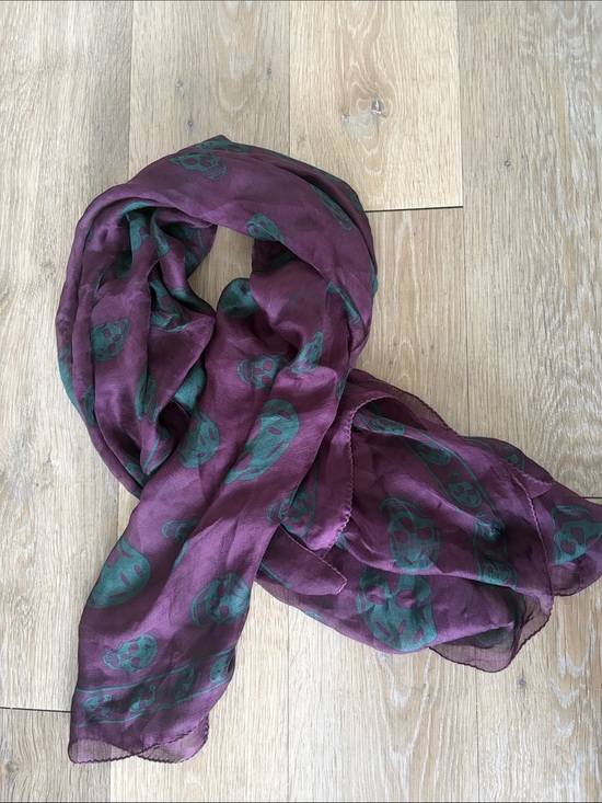Alexander McQueen Accessories - Alexander McQueen Burgundy Scarf with Deep Green Skull Print